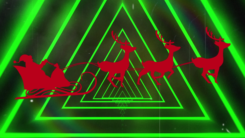 Animation of santa in sleigh over moving shapes. Social media and digital interface concept digitally generated video.