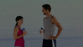 Animation of data processing over diverse people exercising at beach. Global sport, technology and digital interface concept digitally generated video.