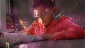 Animation of light trails and shapes over biracial schoolboy. Global education and digital interface concept digitally generated video.