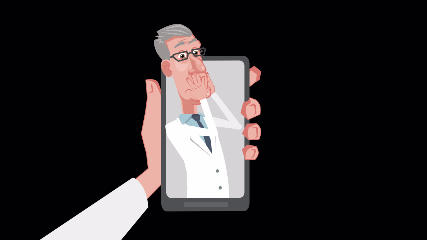 Cartoon male elderly gray-haired doctor character trembling with fear from online smartphone. Animation with alpha channel | Shutterstock HD Video #1094650277