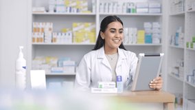 Pharmacist, virtual consultation and digital tablet for video call with a patient while showing prescription medicine for flu symptoms. Pharmacy, healthcare and explaining telemedicine treatment