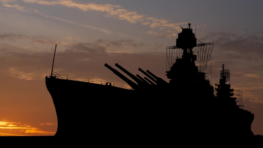 Warship or Battleship, Military Navy Ship in Silhouette at Sunrise, Time Lapse with Colorful Clouds