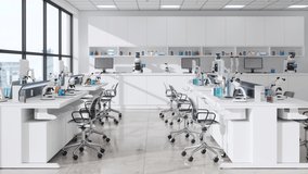 3d Rendering of Modern Empty Science Laboratory With Computers, Microscopes, Test Tubes And Other Laboratory Equipments