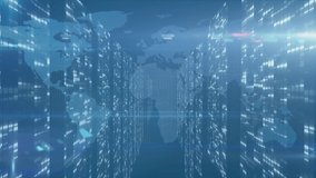 Animation of light trails and moving columns over world map on blue background. Global sport and digital interface concept digitally generated video. - Powered by Shutterstock - Get 15% off with code: PIKWIZARD15