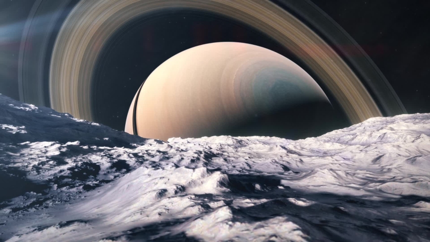 Passing Over the Surface of a Moon orbiting The Gas Giant of Saturn and its Rings