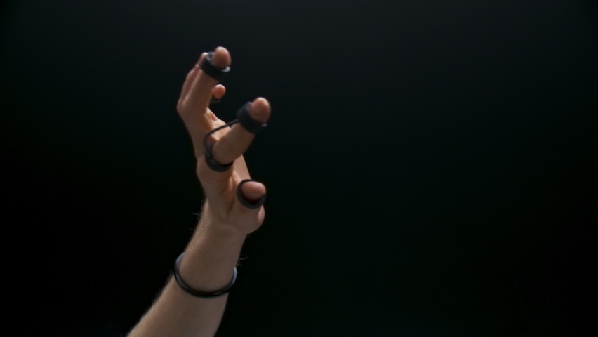 Sensor arms touch metaverse simulation closeup. Unknown player interacting futuristic technology game. Anonymous human exploring air invisible objects. Gamer enjoying smart augmented reality