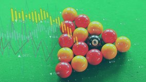 Animation of billiards over data processing. Global business and digital interface concept digitally generated video.