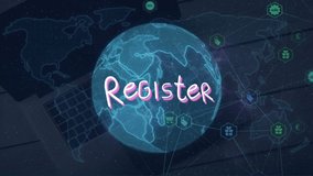 Animation of data processing over globe and register text. Global patriotism and digital interface concept digitally generated video. - Powered by Shutterstock - Get 15% off with code: PIKWIZARD15