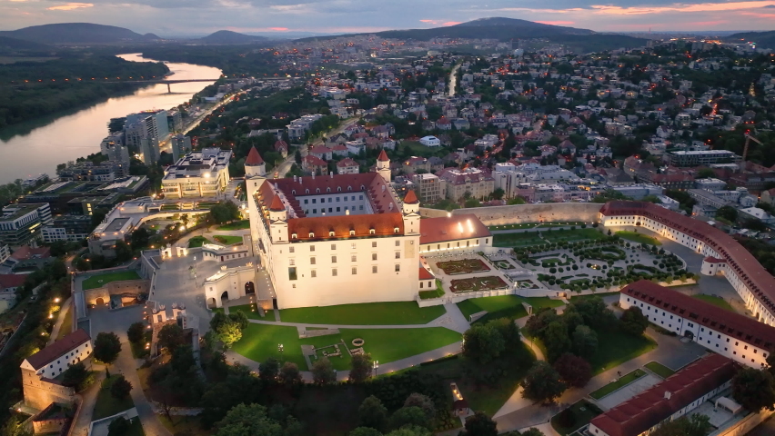 Drone flying at illuminated Bratislava Castle or Bratislavsky Hrad