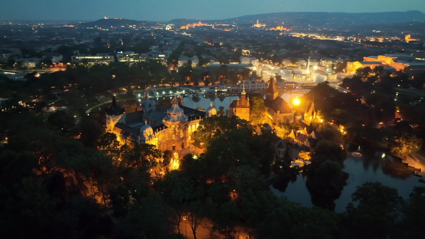 City Park and the Vajdahunyad Castle in Budapest after sunset. Hungary