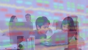 Animation of data processing over biracial children using laptop. Global business and digital interface concept digitally generated video. - Powered by Shutterstock - Get 15% off with code: PIKWIZARD15