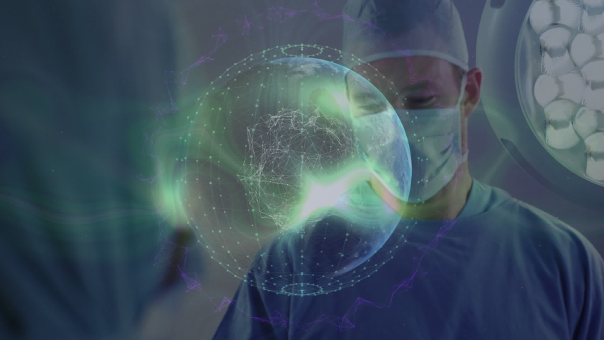 Animation of globe over diverse surgeons with face masks. Global medicine and digital interface concept digitally generated video. - Powered by Shutterstock - Get 15% off with code: PIKWIZARD15