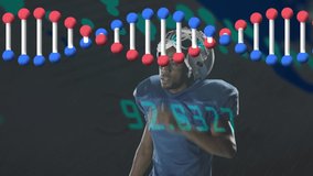 Animation of african american male rugby player and dna strand over data processing. Global sport and digital interface concept digitally generated video.