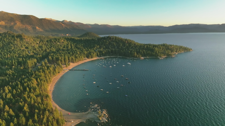 Tranquil Scenery At Tahoe Lake, USA, aerial drone shot