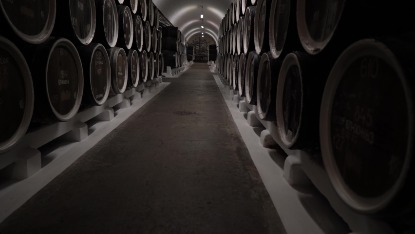 Barrels in warehouse stacked. Wooden oak whiskey, wine or beer barrels sitting in rows inside storage cellar.