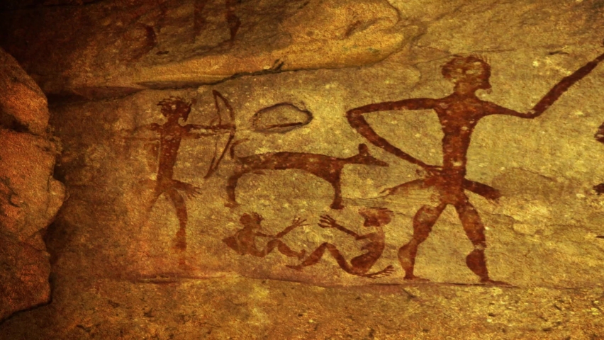 A Red ocher Drawing in a cave painted by an ancient man on a wall, a rock. Hunting for an animal. Aboriginal, Neanderthal, cave man. The Stone Age, the Ice Age. Science, anthropology. Royalty-Free Stock Footage #1094669997