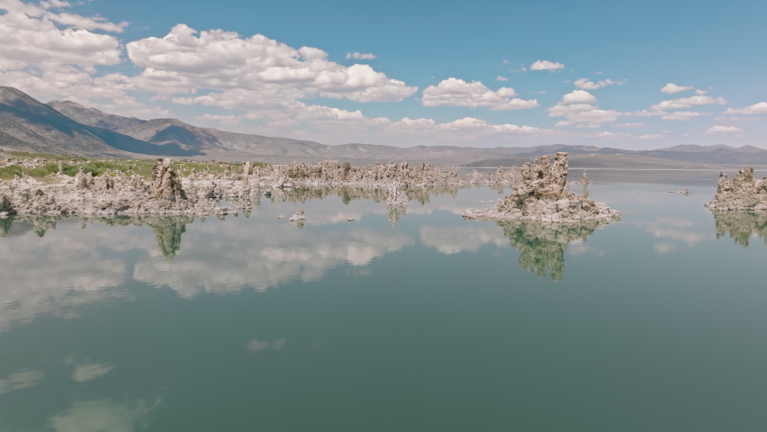 A unique destination of fascinating ancient site. Aerial footage of Mono Lake Tufa State Natural Reserve near Yosemite National Park. High quality 4k footage