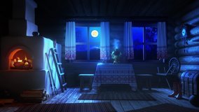 Cozy wooden hut on a cold night. A fire burns in the oven. Winter snow landscape outside the window. Trees seen through a small windows. 3D Loop Animation - Powered by Shutterstock - Get 15% off with code: PIKWIZARD15