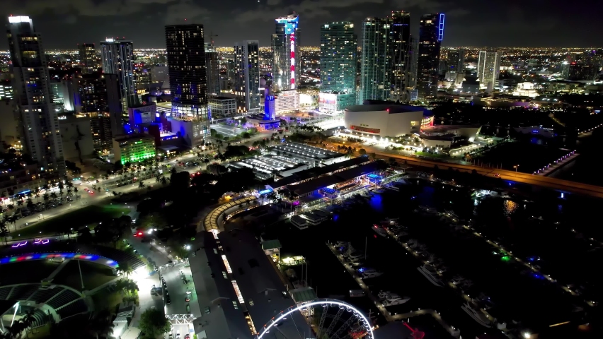 Miami skyline at night. Aerial night landscape of downtown Miami Florida United States. Cityscape landscape. Miami Florida. Miami United States. Night life at downtown district.