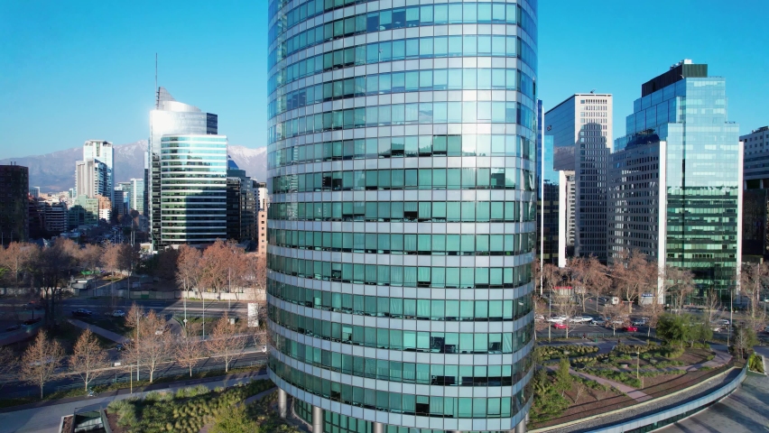 Santiago Chile. Aerial landscape of Santiago Chile near Andes Mountains. Touristic landmark. City life scenery Santiago Chile. Travel destinations. Vacations travel. Cityscape of Santiago Chile.