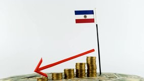 Paraguay flag with coins on turntable, inflation concept video, red down arrow, economy and finance idea, Paraguay decreasing values, country statistics, 4k 60 fps, economic crisis and downgrade