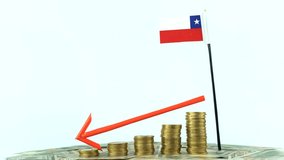 Chile flag with coins on turntable, inflation concept video, red down arrow, economy and finance idea, Chile decreasing values, country statistics, 4k 60 fps, economic crisis and downgrade - Powered by Shutterstock - Get 15% off with code: PIKWIZARD15