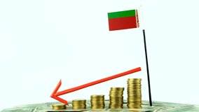 Belarus flag with coins on turntable, inflation concept video, red down arrow, economy and finance idea, Belarus decreasing values, country statistics, 4k 60 fps, economic crisis and downgrade