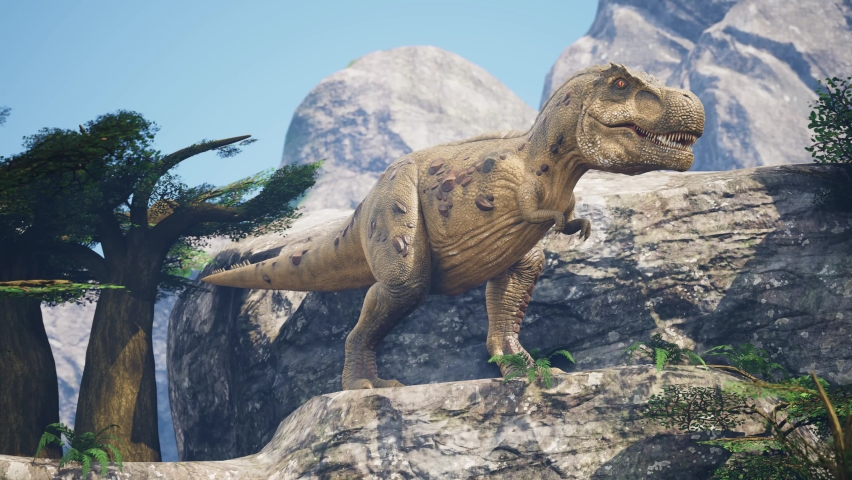 T-Rex Roar on Rocks Jurassic World, Plants, River 3D Rendering Animation CGI 4K Royalty-Free Stock Footage #1094695035