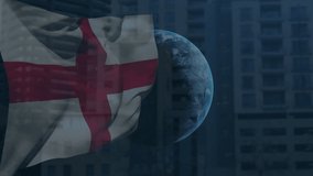 Animation of data processing and globe over flag of england. Global patriotism and digital interface concept digitally generated video.