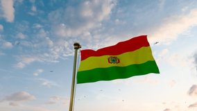 Flag of Bolivia waving in the wind, sky and sun background. Bolivia Flag Video. Realistic Animation.