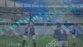 Animation of data processing over diverse rugby players at stadium. Global sport, computing and digital interface concept digitally generated video. - Powered by Shutterstock - Get 15% off with code: PIKWIZARD15