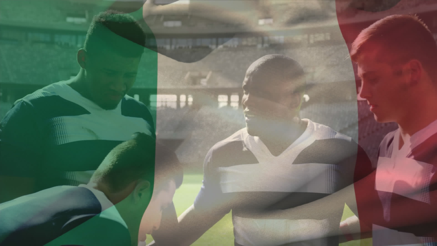 Animation of flag of italy over diverse rugby players at stadium. National flags and sport concept digitally generated video. - Powered by Shutterstock - Get 15% off with code: PIKWIZARD15