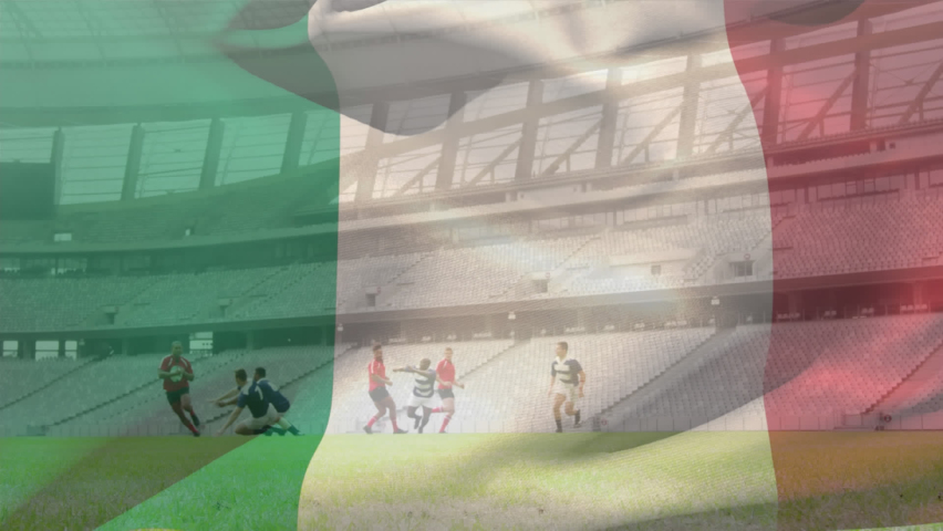 Animation of flag of italy over diverse rugby players at stadium. National flags and sport concept digitally generated video. - Powered by Shutterstock - Get 15% off with code: PIKWIZARD15
