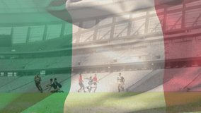 Animation of flag of italy over diverse rugby players at stadium. National flags and sport concept digitally generated video.