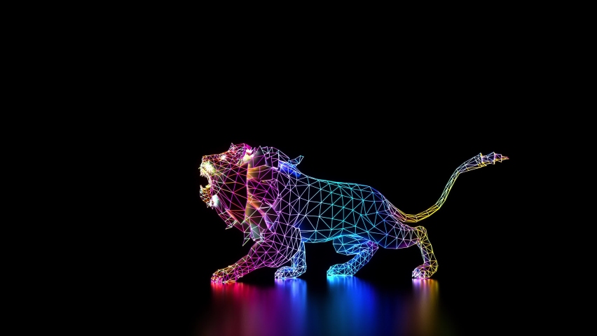 3d render art animation loop video of wild beast lion king animal in attack motion in wire mesh structure in neon glowing laser light lines in rainbow gradient color on black reflective surface | Shutterstock HD Video #1094712533