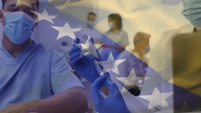 Animation of flag of bosnia and herzegovina over african american female doctor with vaccine. Global medicine, patriotism and digital interface concept digitally generated video. - Powered by Shutterstock - Get 15% off with code: PIKWIZARD15