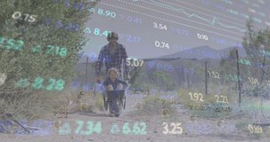 Animation of financial data processing over caucasian man and his son working in garden. Global finances, ecology and digital interface concept digitally generated video.