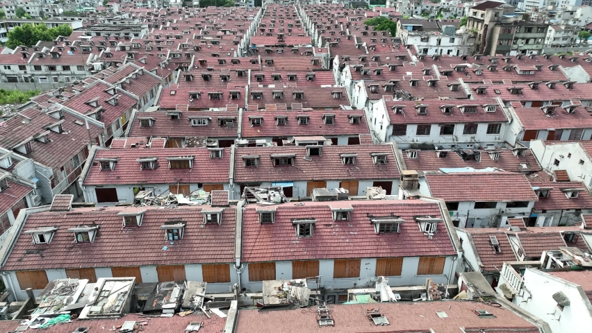 The traditional buildings waiting for demolition. Drone aerial view. The traditional Shikumen buildings waiting for tearing down. Real estate, economy, business concept b-roll footage. | Shutterstock HD Video #1094719201