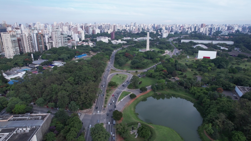 Aerial view of Ibirapuera Park in São Paulo, Brazil.
Park with preserved green area. Residential and commercial buildings in the background