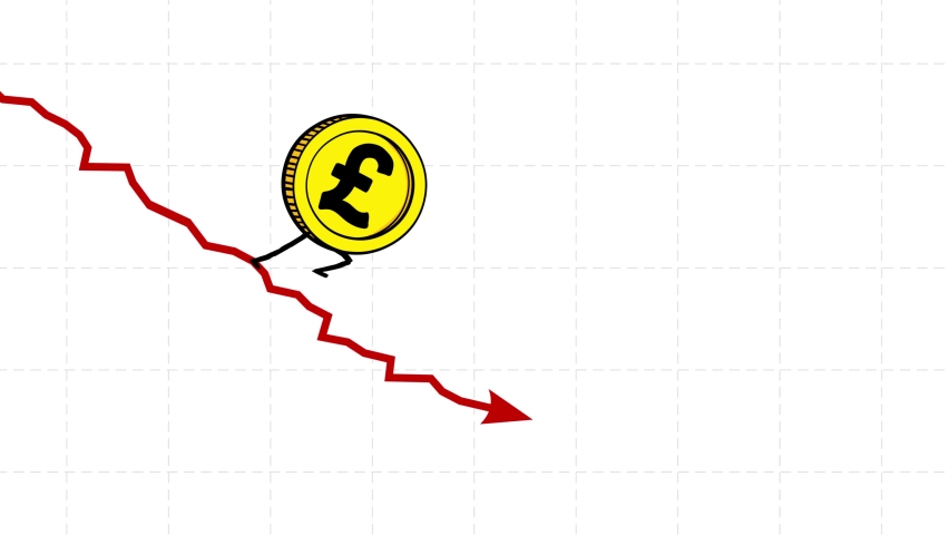 British pound rate still goes down seamless loop. Walking down coin. Bitcoin character falling down fast. Funny business recession cartoon. | Shutterstock HD Video #1094719587
