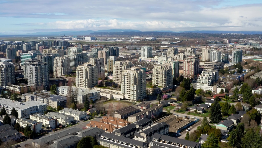 Aerial View Of High-rise Office And Apartment Buildings In Richmond, British Columbia, Canada.