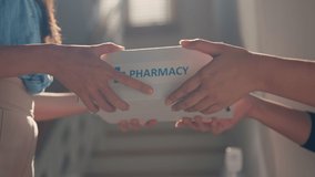 Asia female people smile free help first aid Rx kit carton box at home front door. Clinic drug store send self cure mail post parcel to young woman online health care happy order herbal vitamin postal - Powered by Shutterstock - Get 15% off with code: PIKWIZARD15