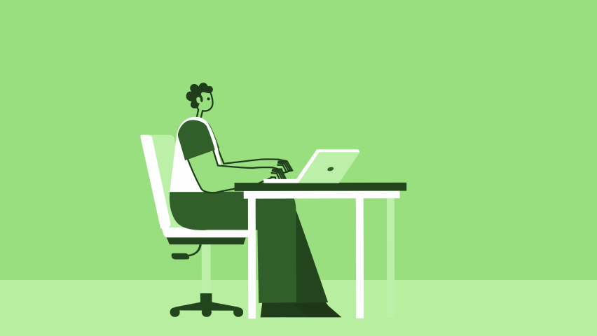 Green Style Man Flat Character with Laptop Wearily Yawns and Stretches at Workplace. Isolated Loop Animation with Alpha Channel | Shutterstock HD Video #1094738827