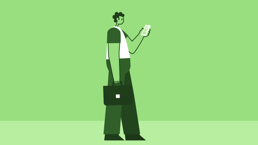 Green Style Man with Briefcase Flat Character Walking Cycle with Smartphone Information. Isolated Loop Animation with Alpha Channel | Shutterstock HD Video #1094739377