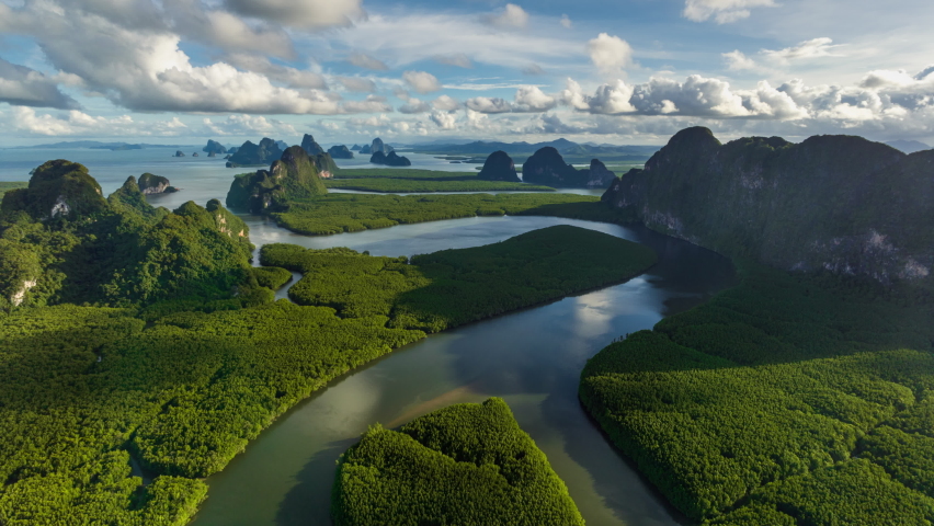 4K Hyperlapse aerial view drone flying vertigo effect over mangrove forest and mountain peak of Phang nga bay, Thailand 
 Royalty-Free Stock Footage #1094740013