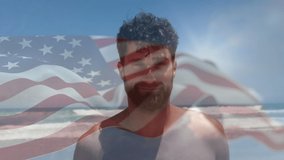 Animation of wavy usa flag over happy caucasian men. American patriotism concept digital generated video. - Powered by Shutterstock - Get 15% off with code: PIKWIZARD15