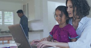 Animation of scan scope over biracial mother and daughter using laptop. Global connections and data processing concept digital generated video.