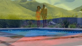 Animation of waving columbia over happy couple swimming in pool. Holiday and summer concept digital generated video.