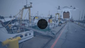 Animation of profile icons connected with lines and drone flying over cargo ships moored at port. Digital composite, multiple exposure, surveillance, camera, shipping, freight transport, technology. - Powered by Shutterstock - Get 15% off with code: PIKWIZARD15
