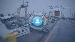 Animation of profile icons connected with lines over drone with box flying over cargo ships at port. Digital composite, multiple exposure, surveillance, freight, camera, communication, technology. - Powered by Shutterstock - Get 15% off with code: PIKWIZARD15